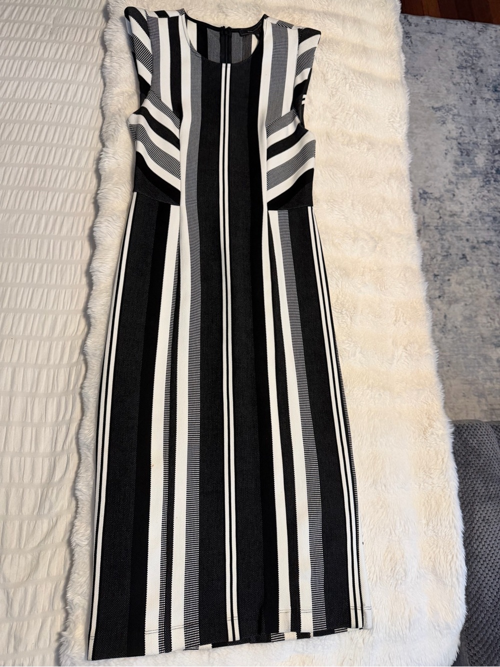 BCBGMaxAzria Black and White Vertical Stripe Midi Dress